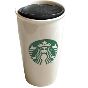 STARBUCKS GREEN MERMAID LOGO WHITE CERAMIC TRAVEL MUG TUMBLER WITH LID